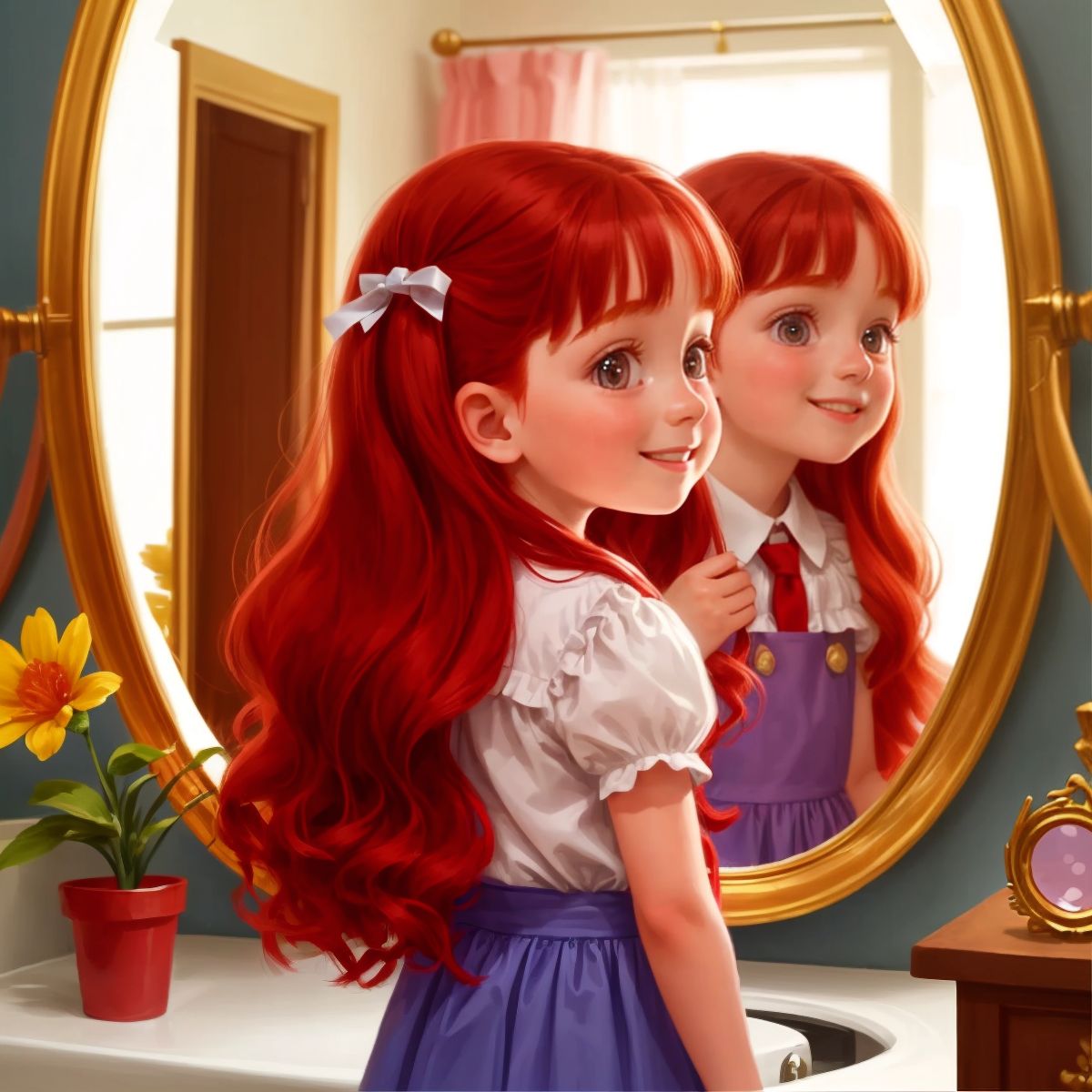 Poppy looking into a shimmering mirror, with her reflection smiling back at her