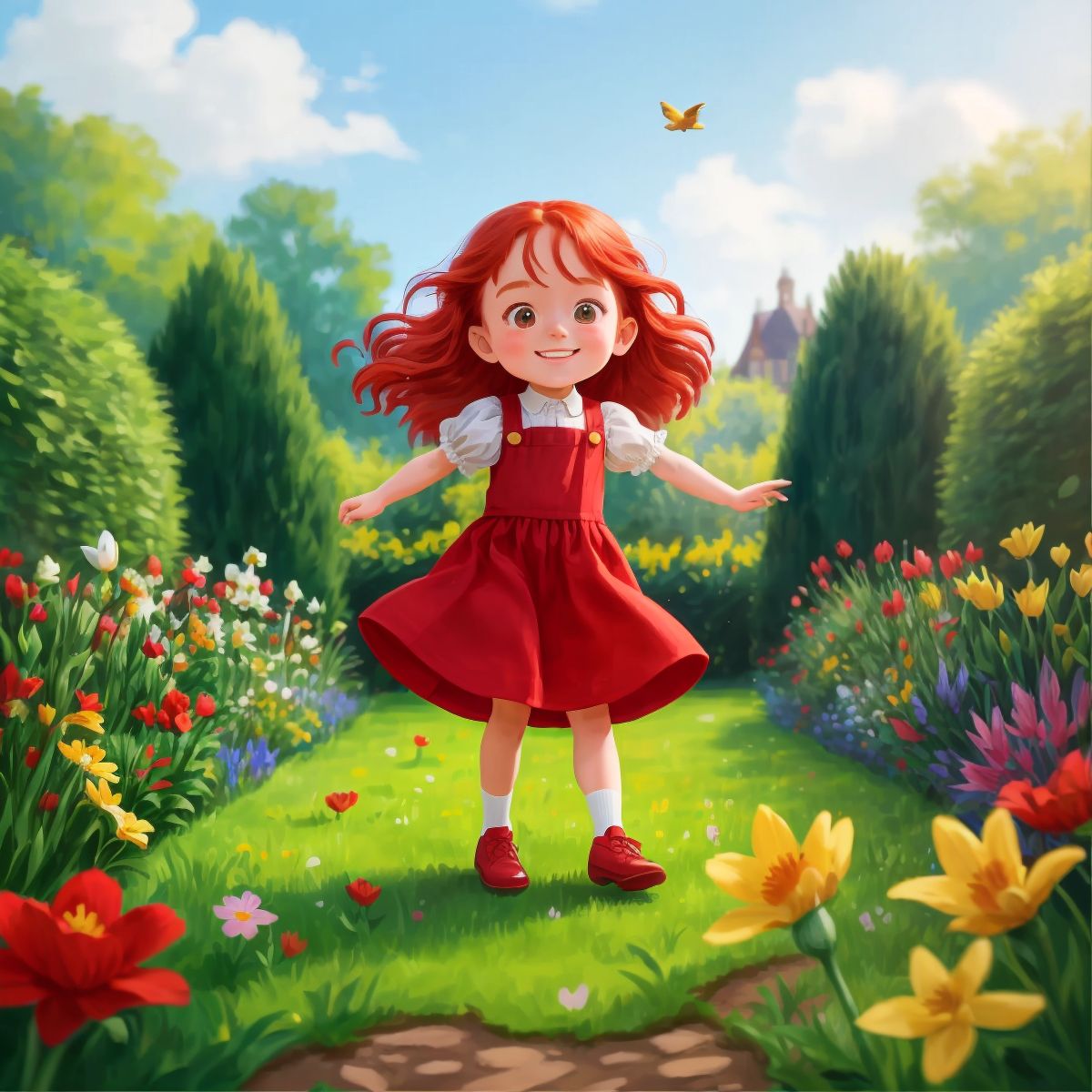 Poppy dancing in the garden with flowers and animals around her