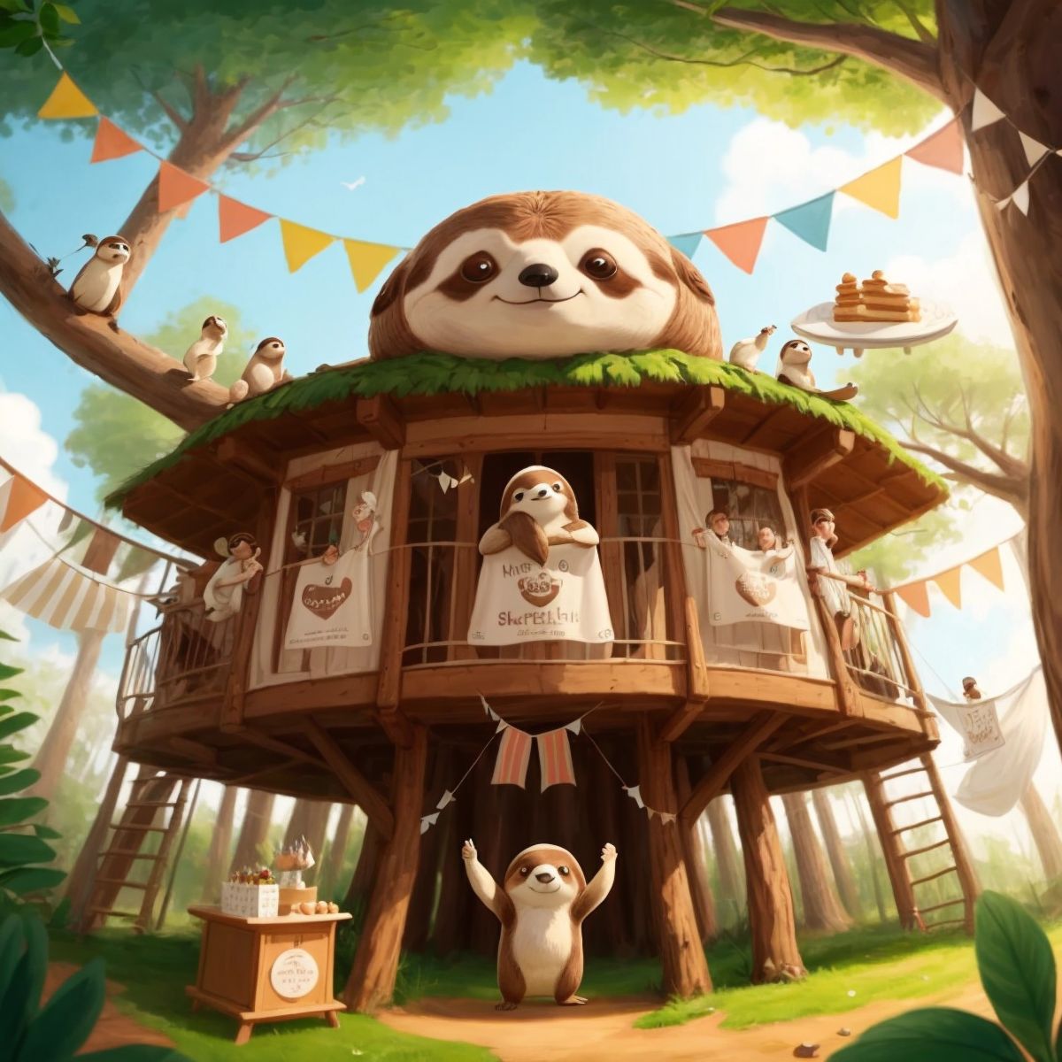 Sammy being greeted with a surprise celebration at the Big Treehouse, with banners and treats visible.