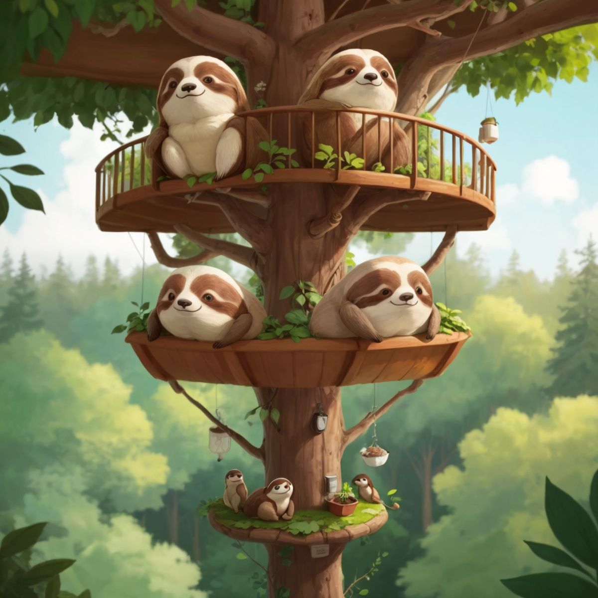 Sammy, a brown and white sloth, lounging at the top of a tall treehouse with a panoramic view of the forest.