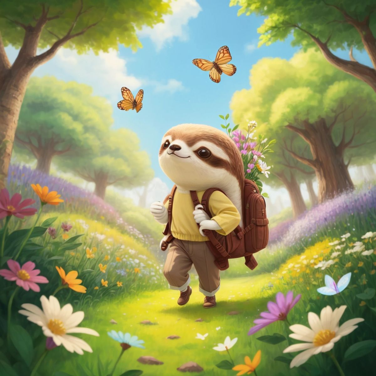 Sammy, with a backpack, stepping into the vibrant Enchanted Meadow filled with colorful flowers and fluttering magical butterflies.