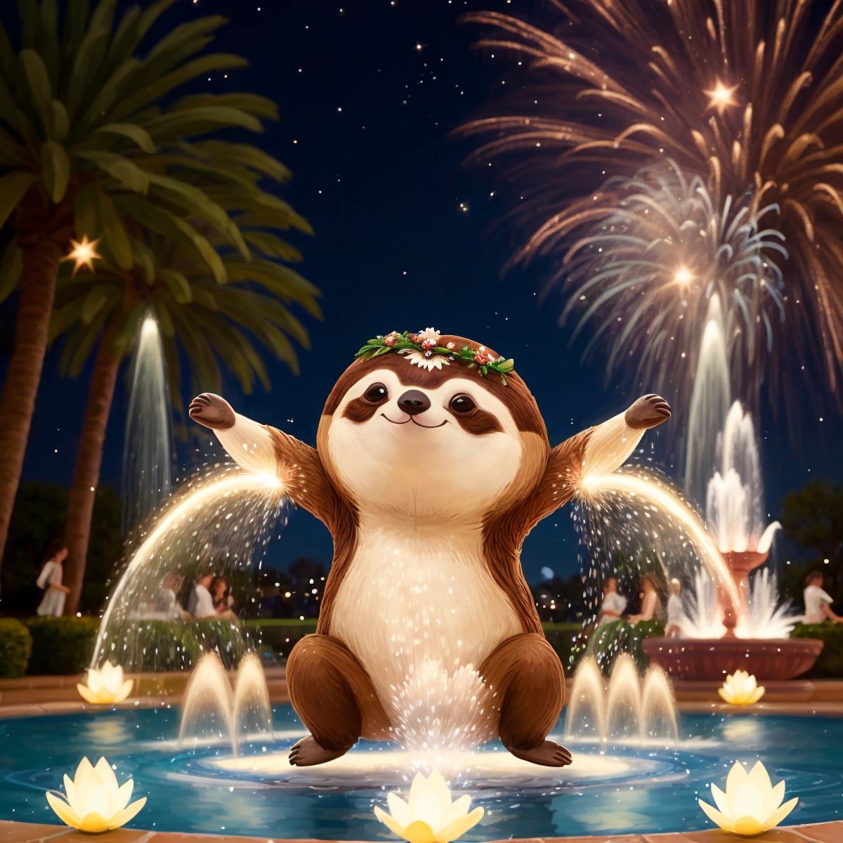 Sammy dancing joyfully around the fountain, with sparkles surrounding him, indicating the magical effect of the water.