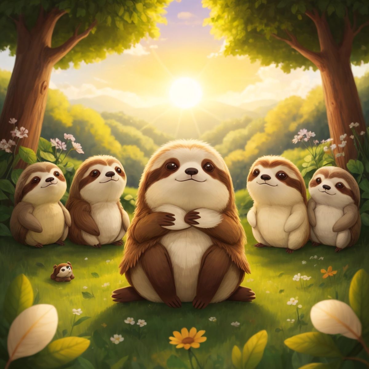 Sammy sitting in the Enchanted Meadow, surrounded by friends as they all watch the golden sunset together.