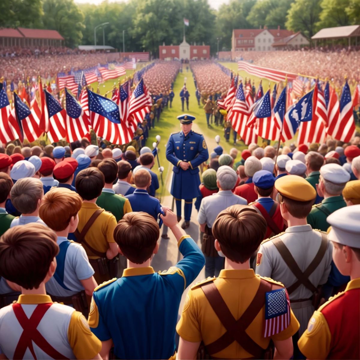 A heartwarming scene of the heroes receiving medals of honor from a grateful community, with a crowd cheering