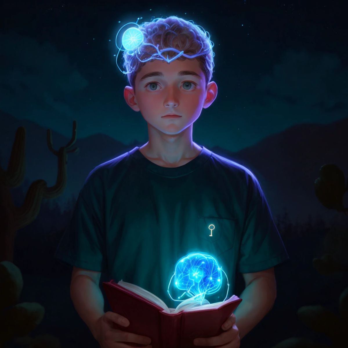Stevie with a book in one hand and a glowing brain above his head, symbolizing his intelligence, with an Arizona night sky in the background