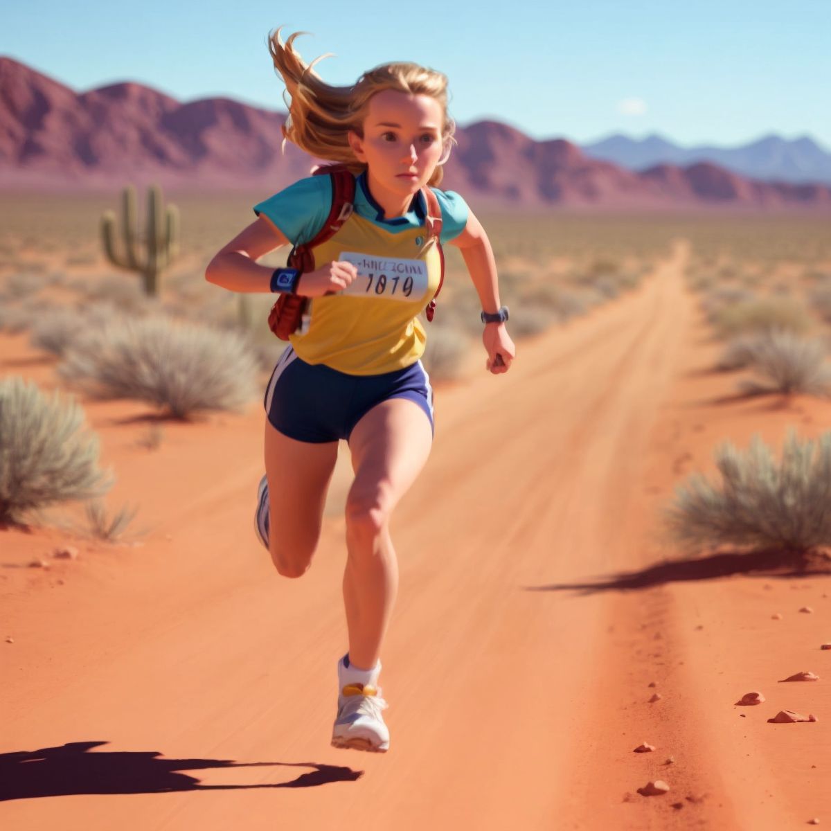 Stacy dashing swiftly, almost a blur, with the Arizona desert and a stopwatch in the foreground