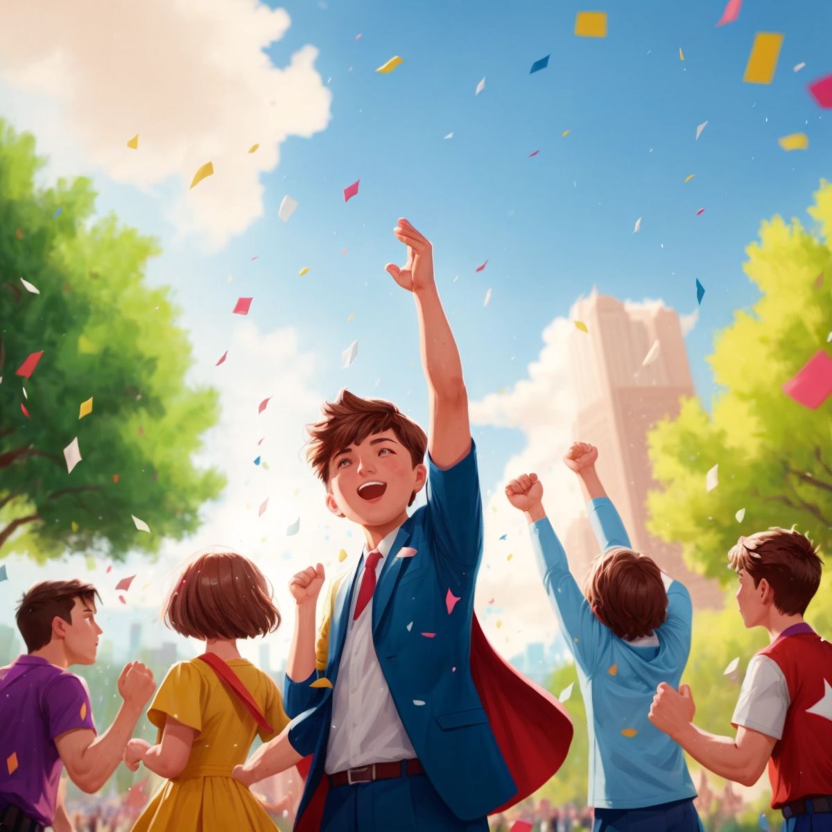 The heroes throwing their hands up in celebration, with confetti raining down and the Arizona park in the background