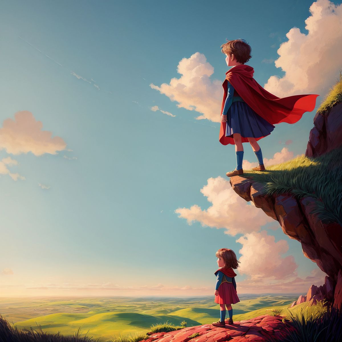 A child wearing a cape, standing on a hilltop, looking out towards the horizon with hope in their eyes