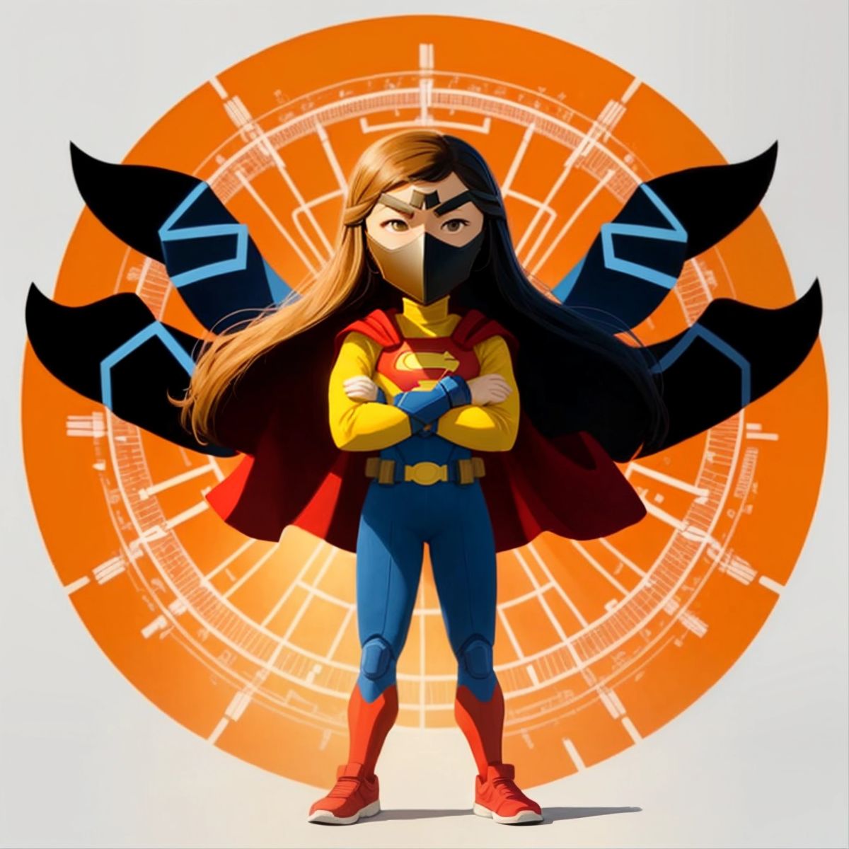 Tina standing tall with her arms crossed, wearing a superhero mask, with a shadow of a DNA helix behind her