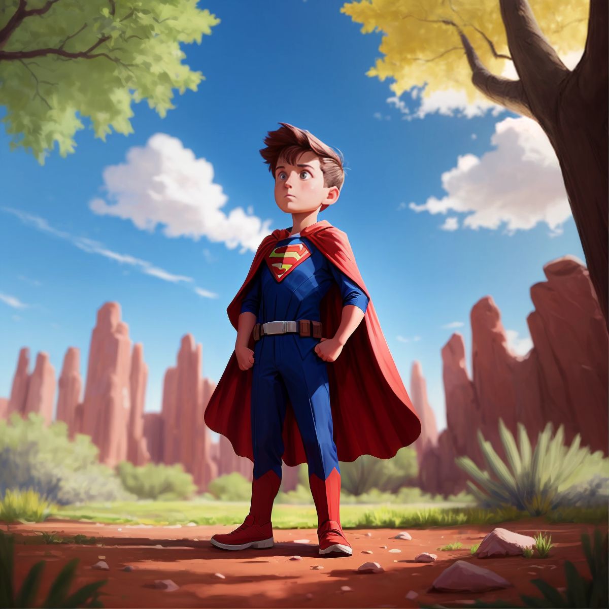 Sammy standing alone in an Arizona park, with a determined expression and a superhero cape fluttering behind him