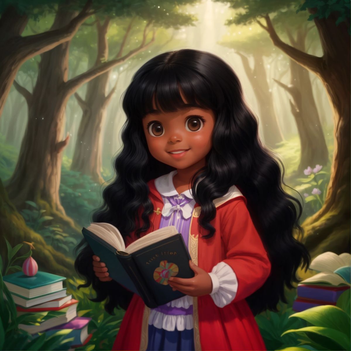 Aaliyah excitedly picking up a book about a magical forest