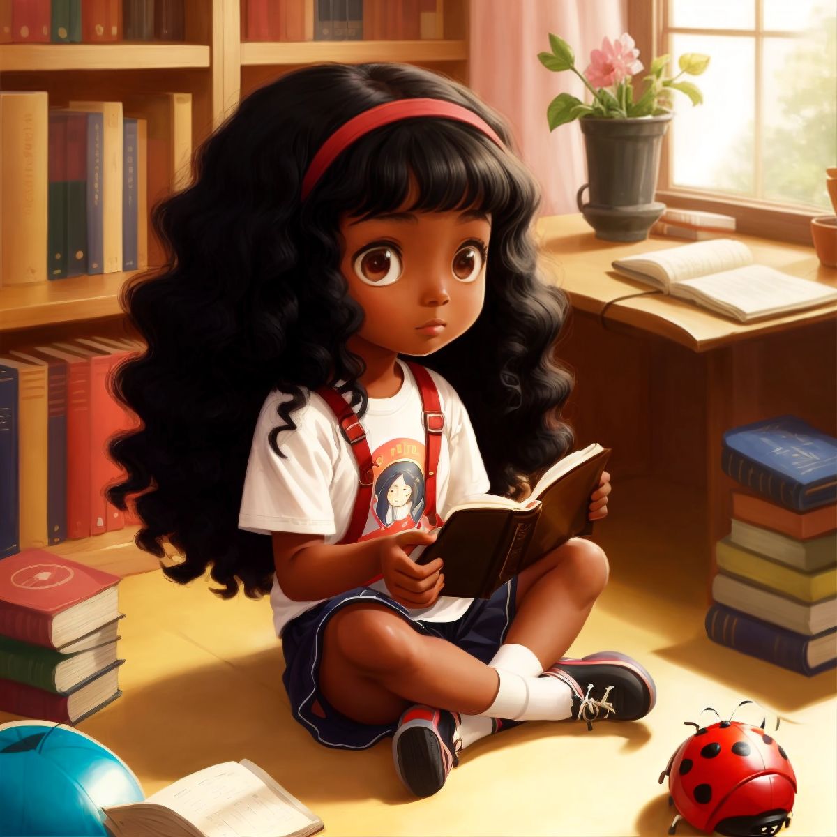 Aaliyah sitting cross-legged with the Library Ladybug next to her