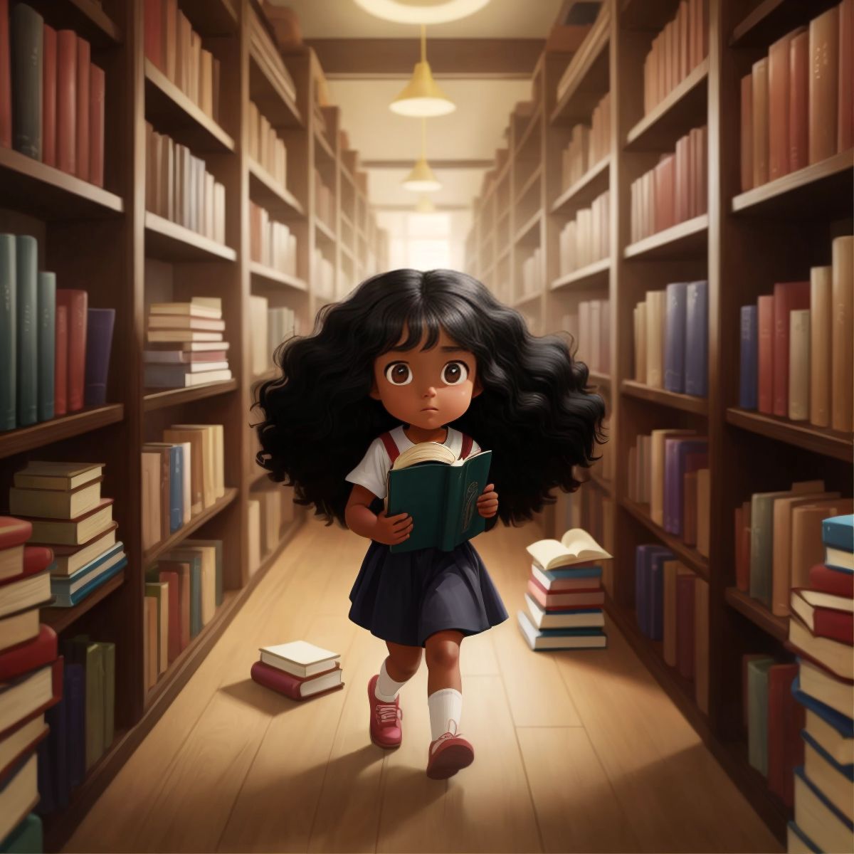 Aaliyah wandering through library aisles filled with books