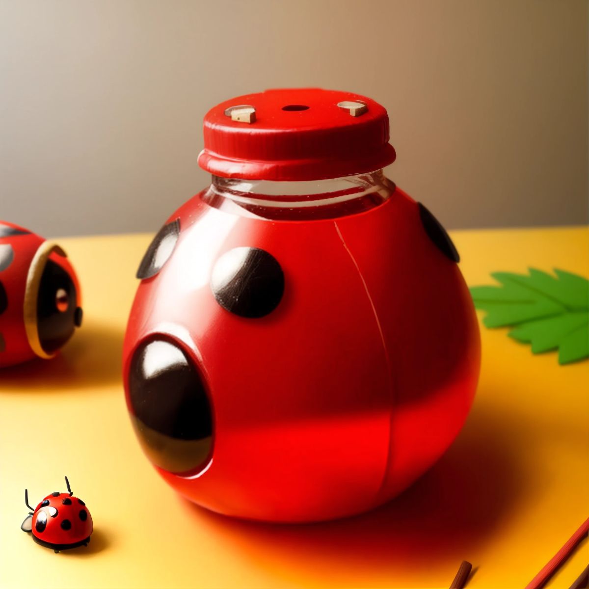 A crafted ladybug made from a red bottle cap and craft sticks