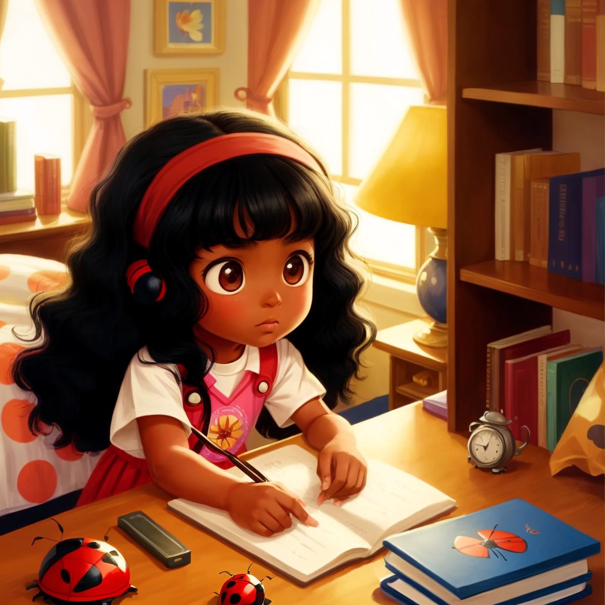 Aaliyah placing the Library Ladybug on her nightstand with a determined look