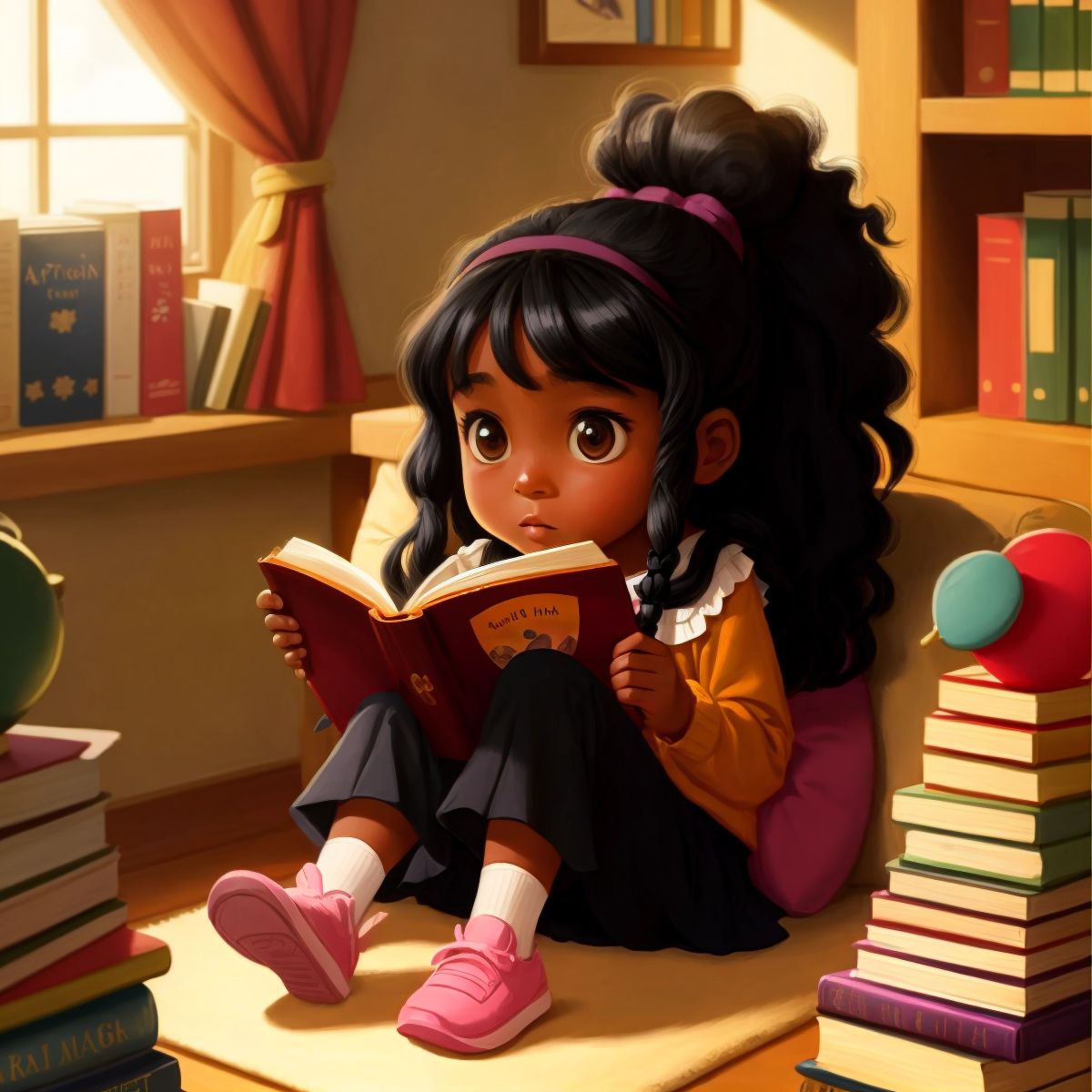 Aaliyah with a ponytail reading a book in a cozy library corner