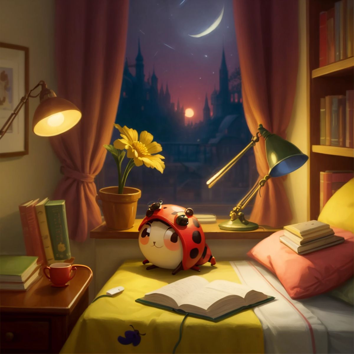 The Library Ladybug on a nightstand under a soft night light