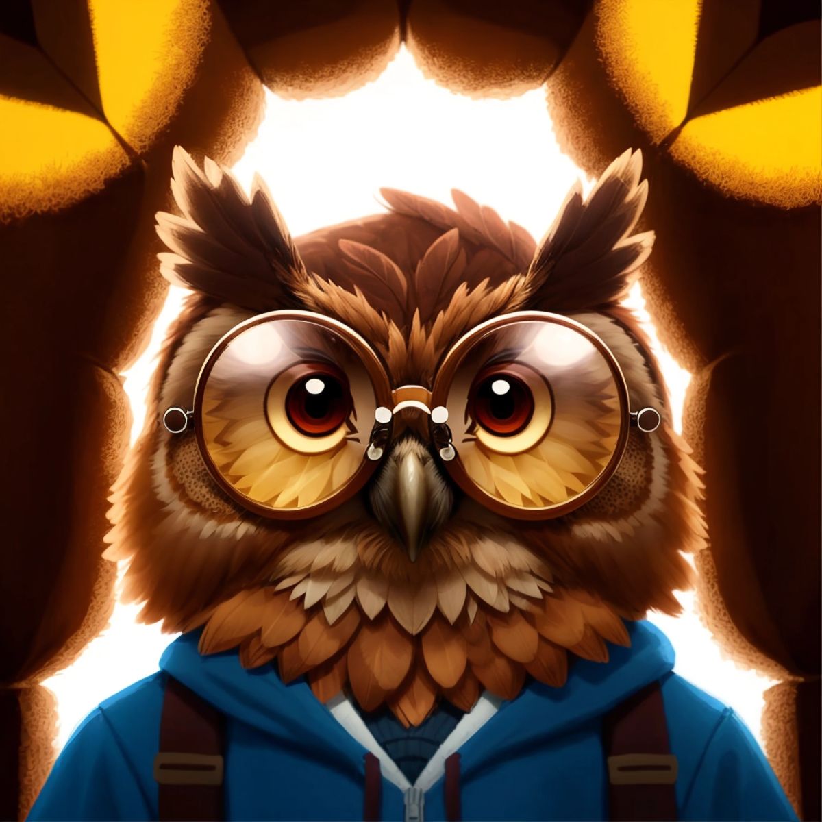 Thinky, the owl, looking through a pair of glasses that show a different world, symbolizing the difference between reality and imagination.