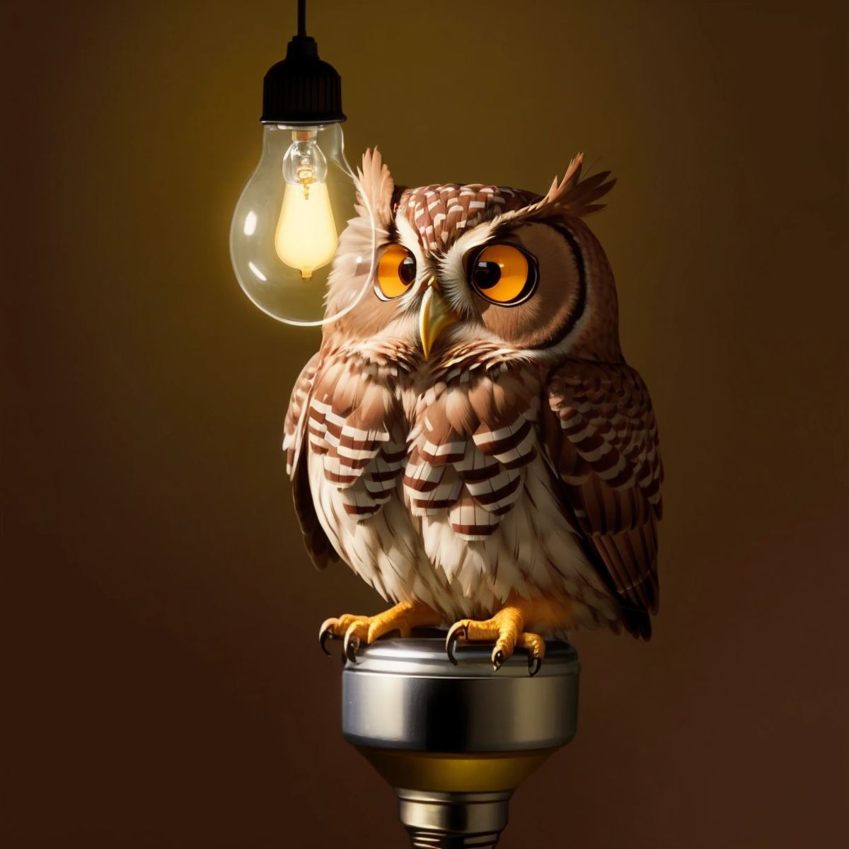 Thinky, the owl, inside a light bulb, representing a bright idea, with an expression of enlightenment.