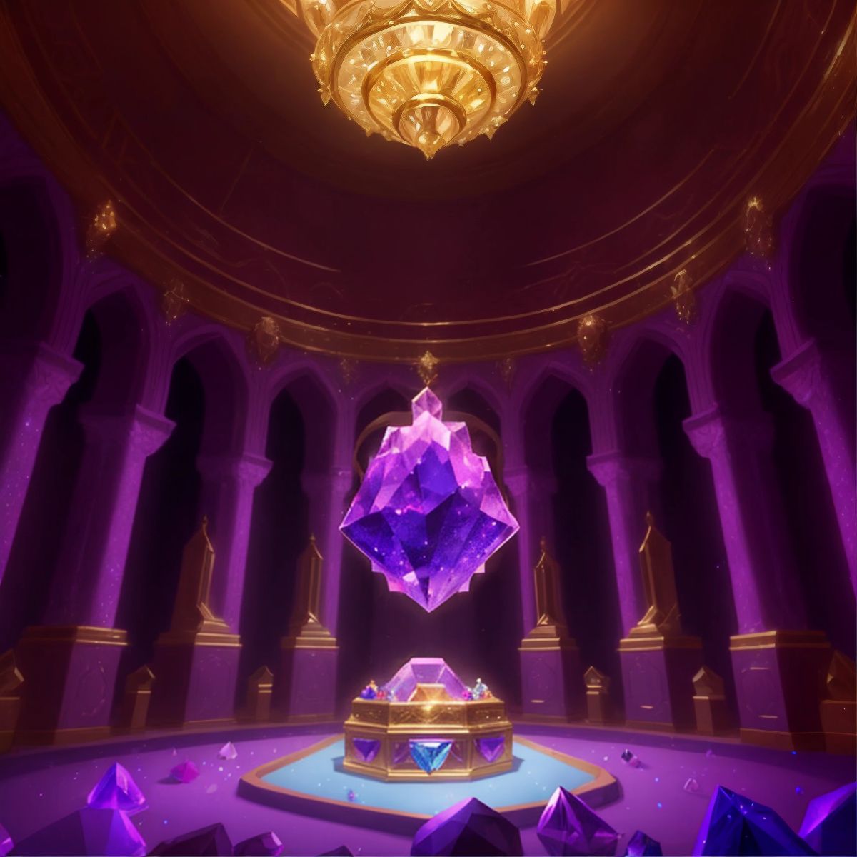 A grand chamber filled with glittering crystals and gemstones, and a chest in the center. No character is shown, to maintain the one character limit.