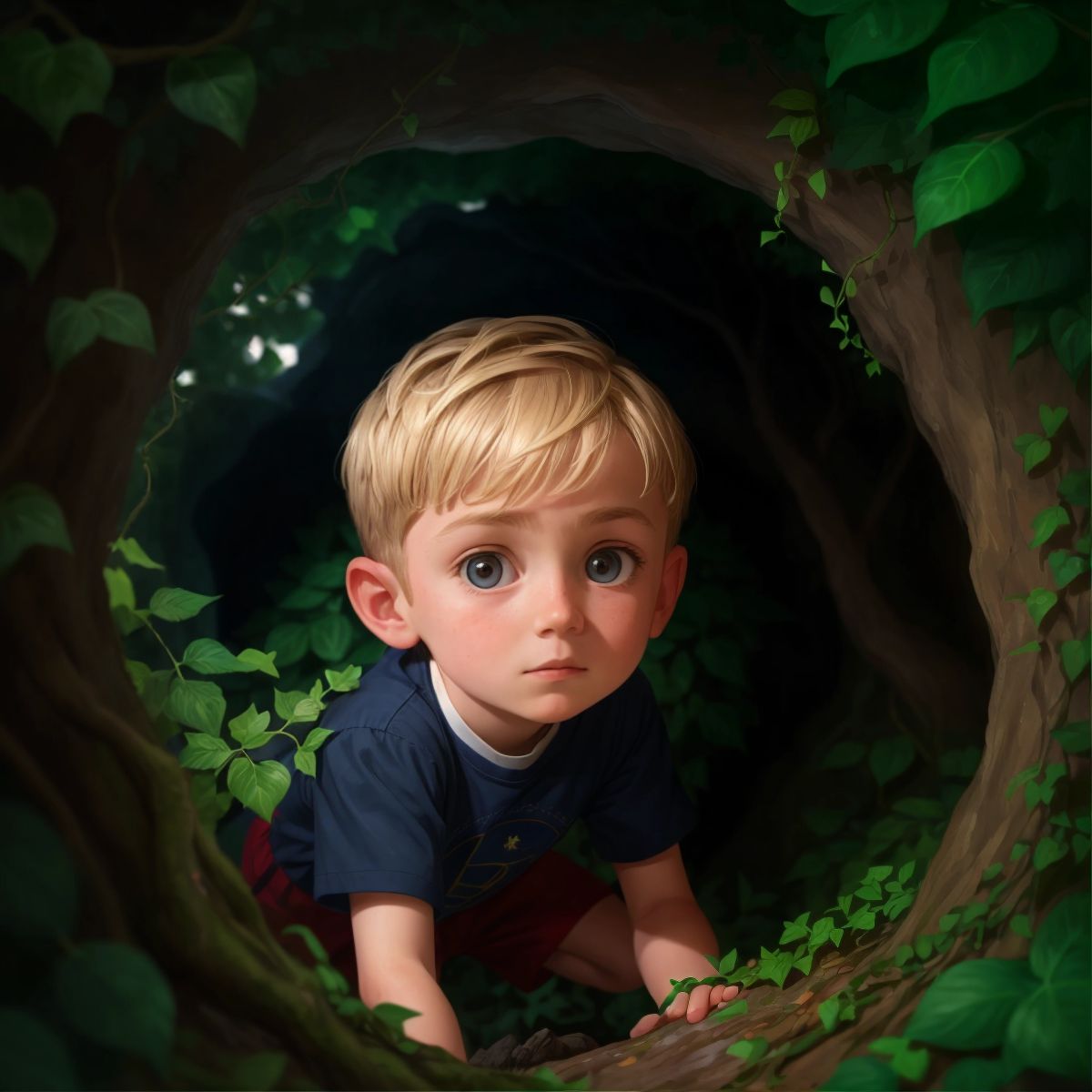 Alex, with a look of mixed fear and curiosity, peering into a dark cave entrance veiled by ivy in a dense forest.