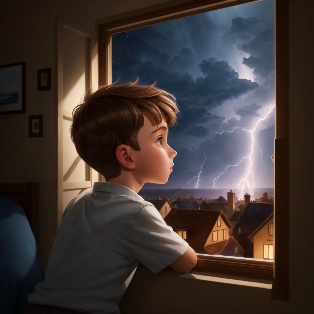 George looking out the window with awe as lightning illuminates the sky behind him.