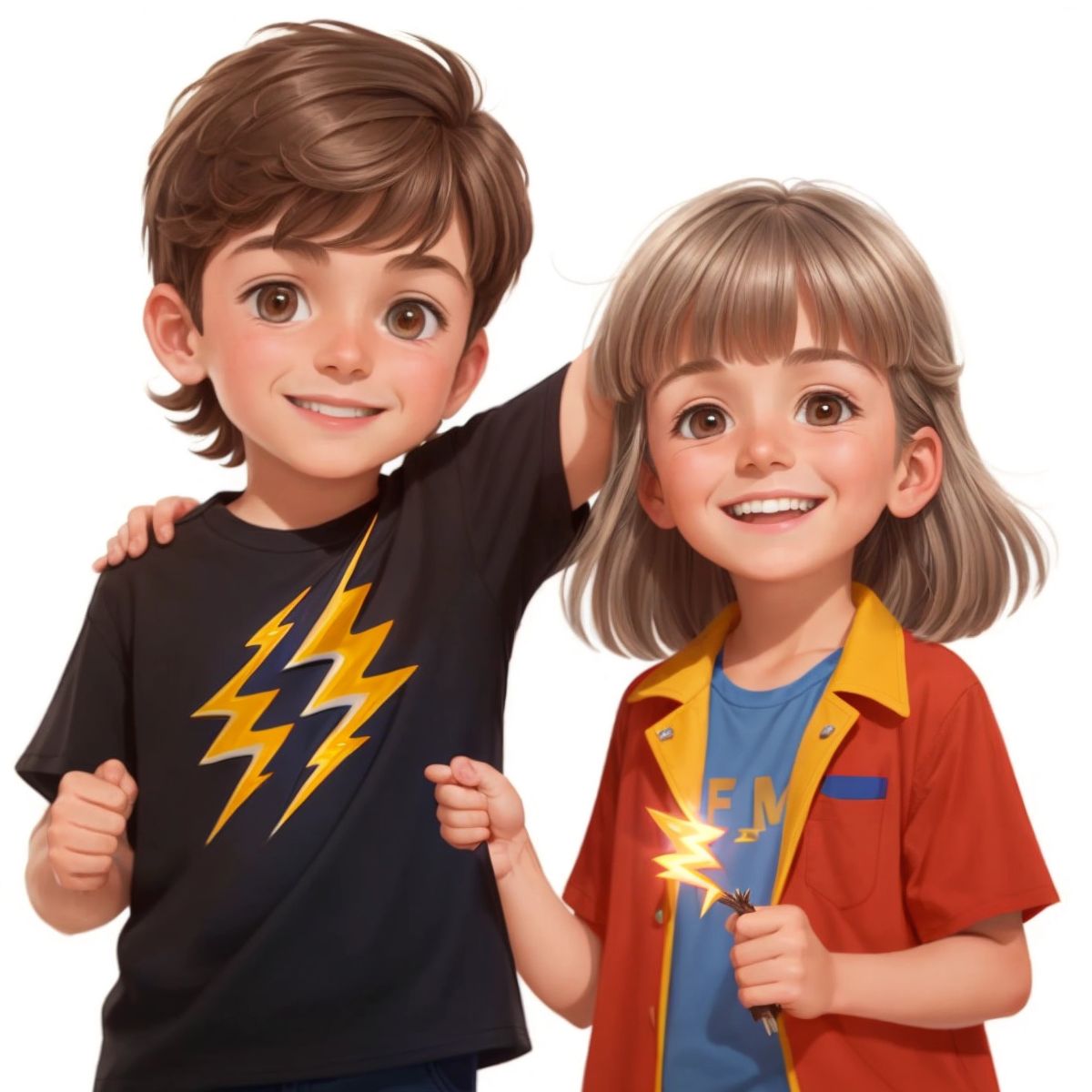 George, with a look of satisfaction and inspiration, holding a model of a lightning bolt next to Helen who is showing a supportive smile.