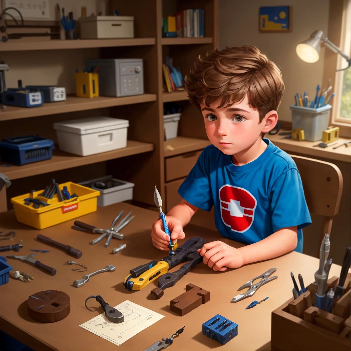 George's workbench cluttered with tools and electrical components, as he works on his invention.