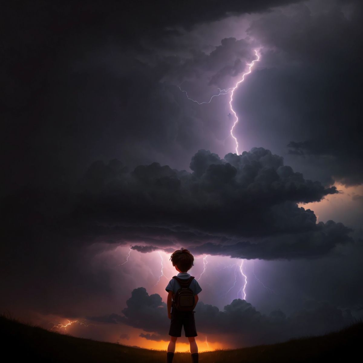 A silhouette of George's invention against the stormy night sky, with bolts of lightning striking nearby.