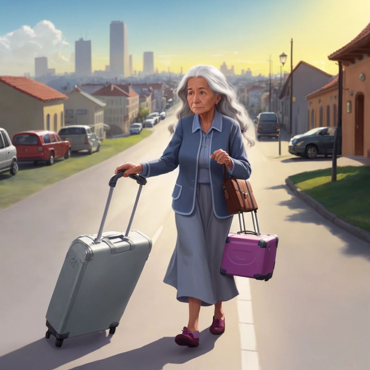 Helen arriving in town with a suitcase, a mysterious aura about her, and the town in the background.