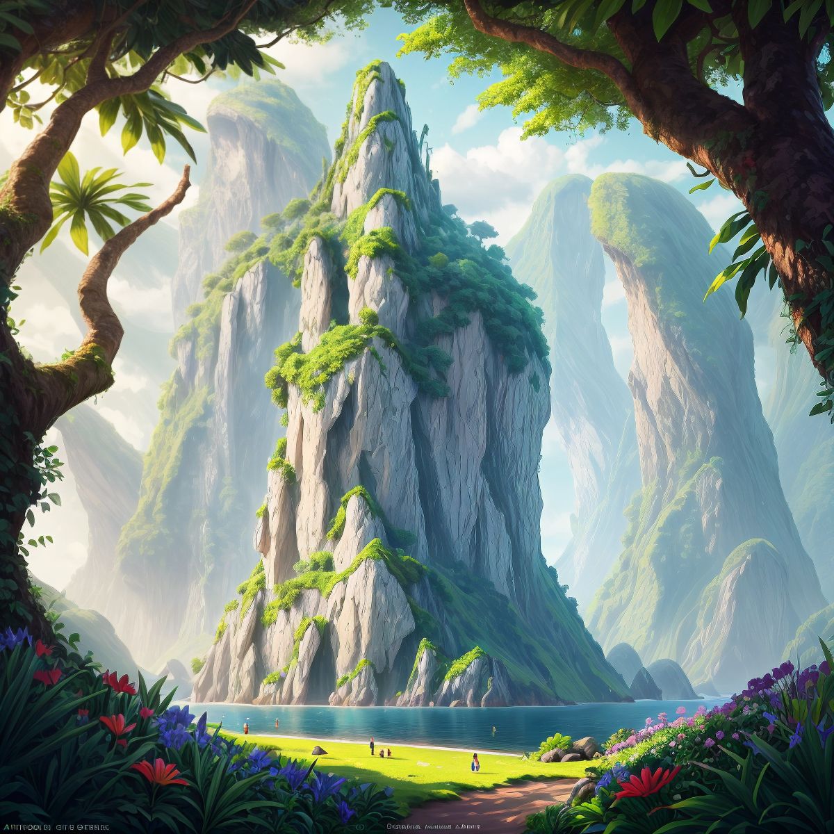 The lush greenery of the mysterious island with exotic flowers, but no characters in sight.