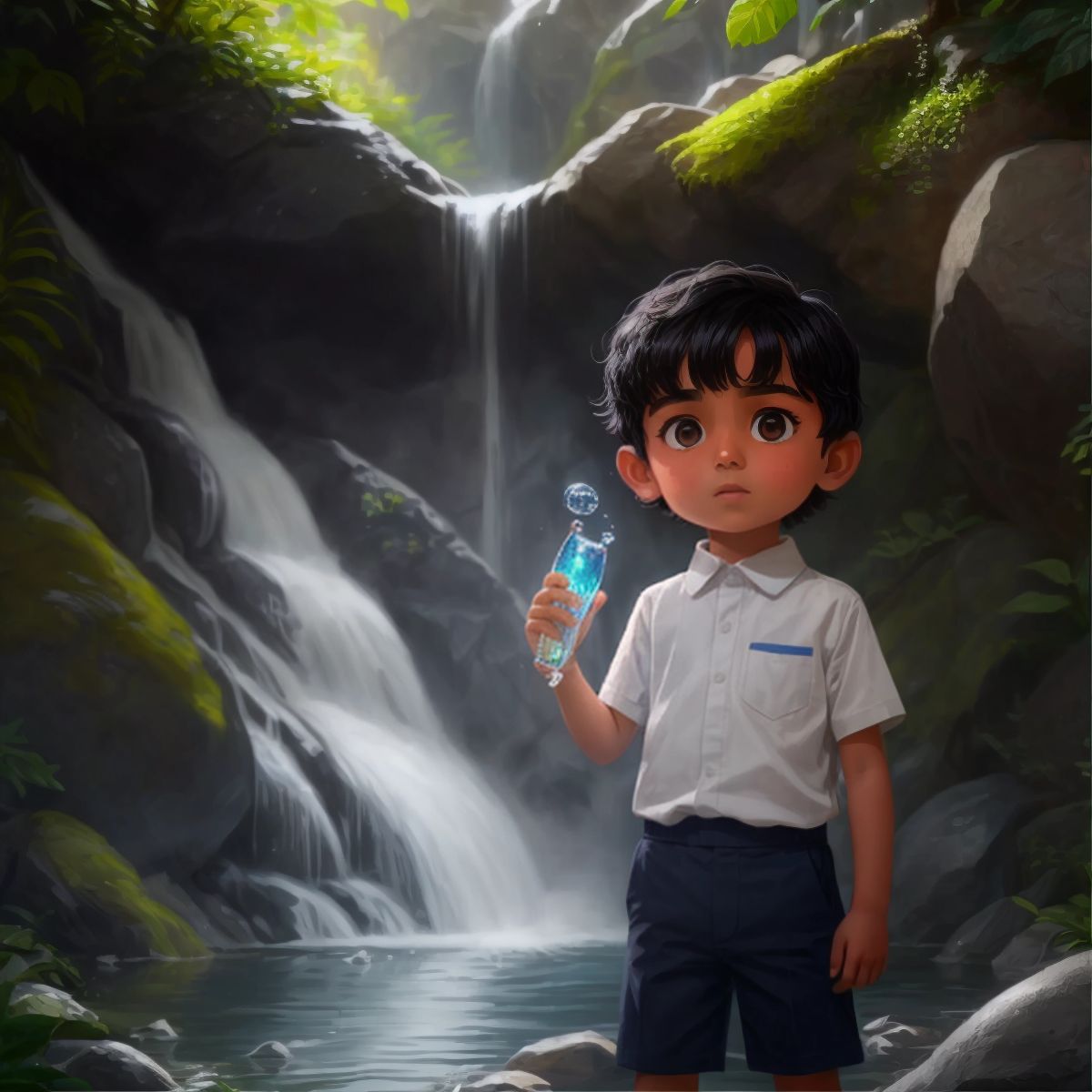 Johnny holding a vial of sparkling water from the waterfall with a look of intrigue.