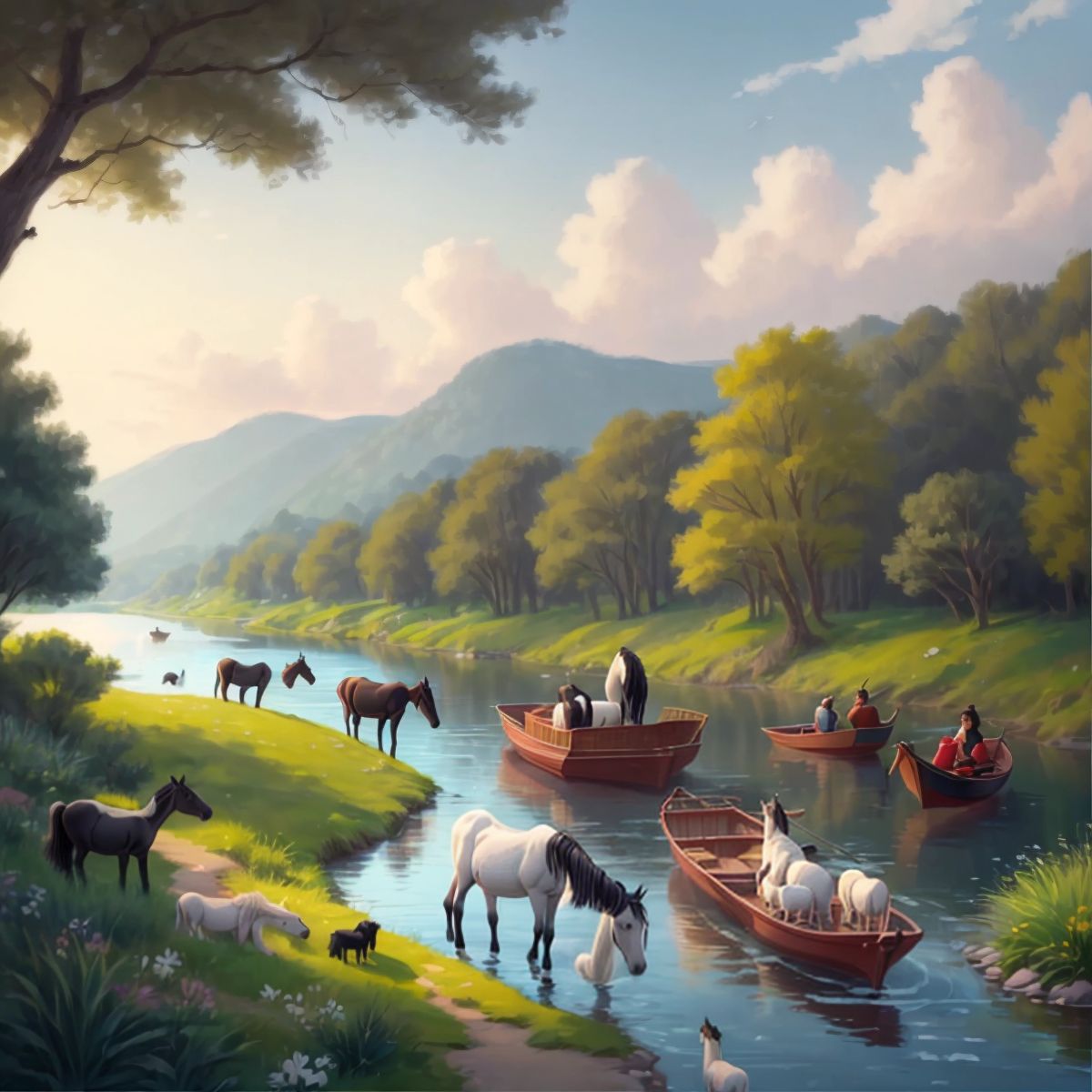 A serene river landscape with animals drinking and boats floating by, but no Wild Willie in sight.