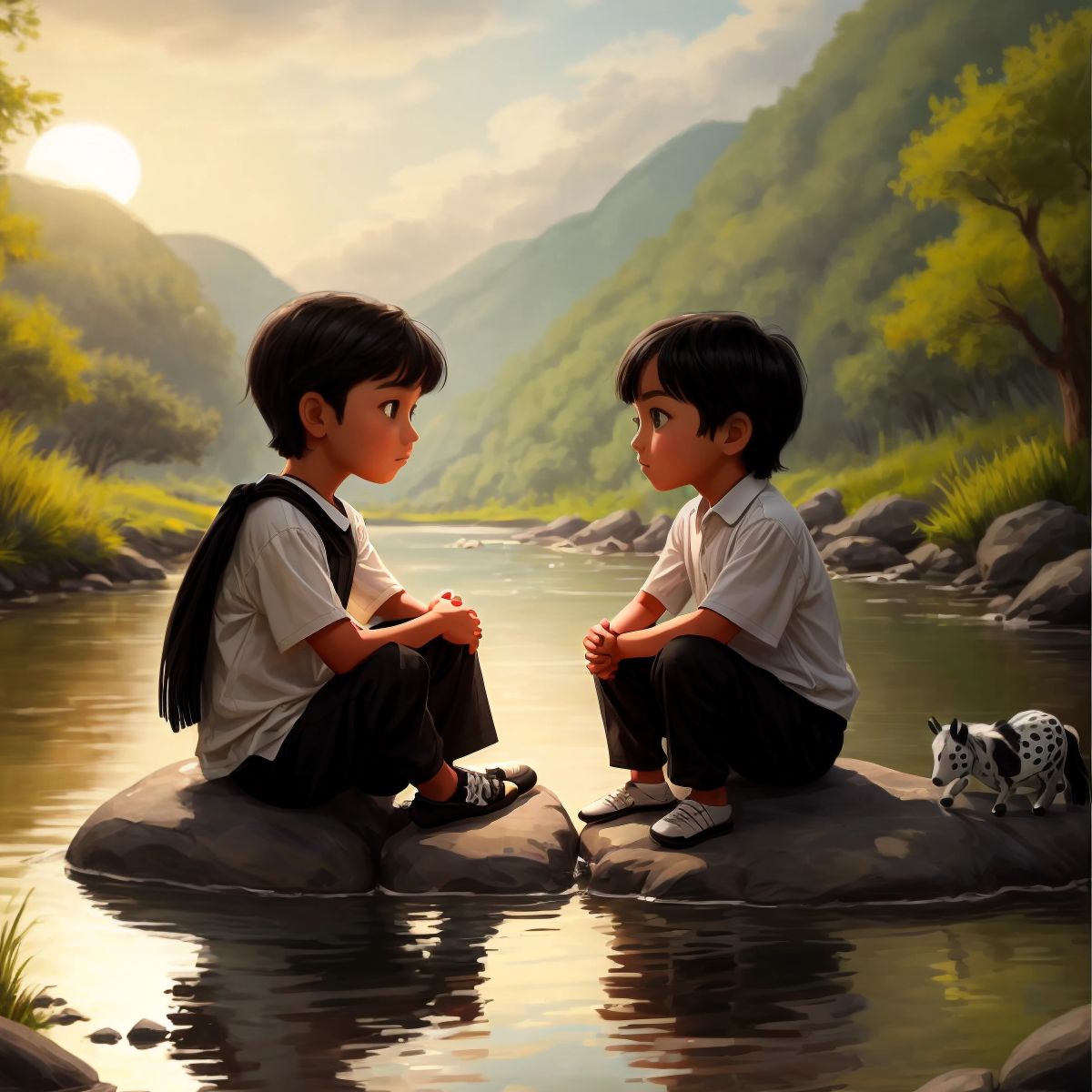 Wild Willie and Johnny sitting by the river, engaged in deep conversation with a backdrop of the setting sun.