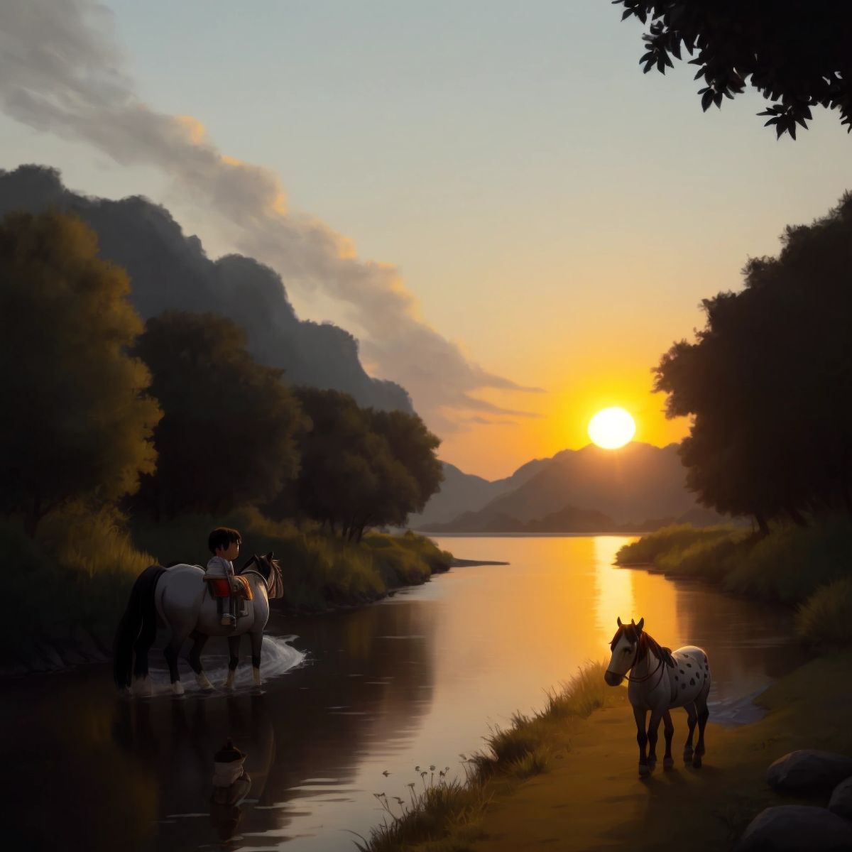 The sun setting over the river as Johnny and Wild Willie leave the island, with silhouettes holding the vial.