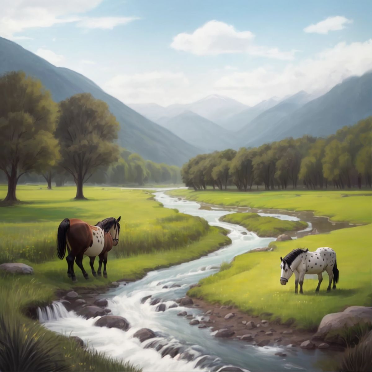 The flowing river with the meadow in the background, symbolizing the ongoing adventures of Johnny and Wild Willie.