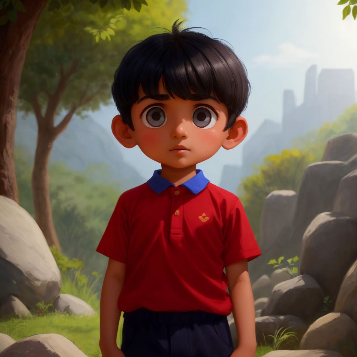Johnny with short black hair and wide eyes of amazement, looking at something outside the frame.