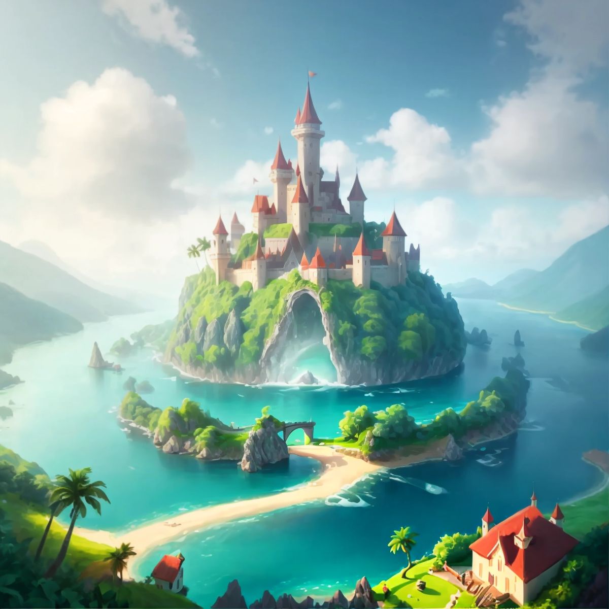 A distant view of an enchanting island in the middle of the river, with no characters present.