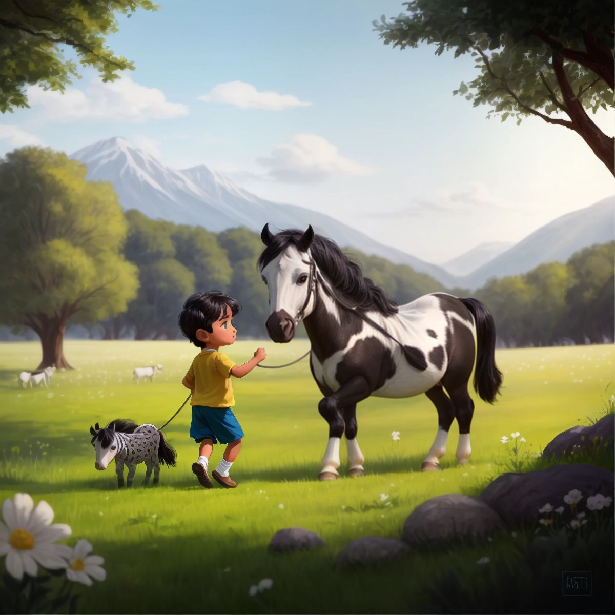 Johnny and Wild Willie walking side by side in the meadow, with a bond of friendship visible between them.