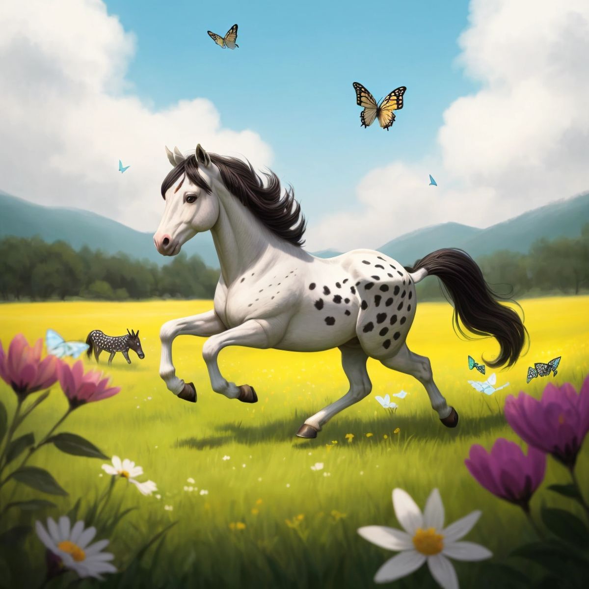 Wild Willie galloping through a meadow with colorful flowers and butterflies.