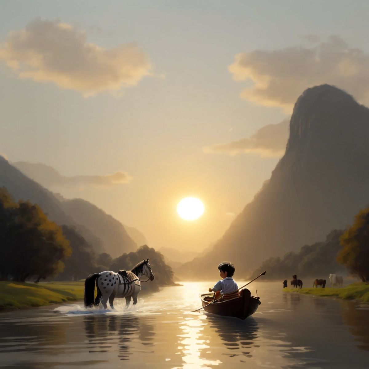 A small boat crossing the river with Johnny and Wild Willie's silhouettes against the morning sun.