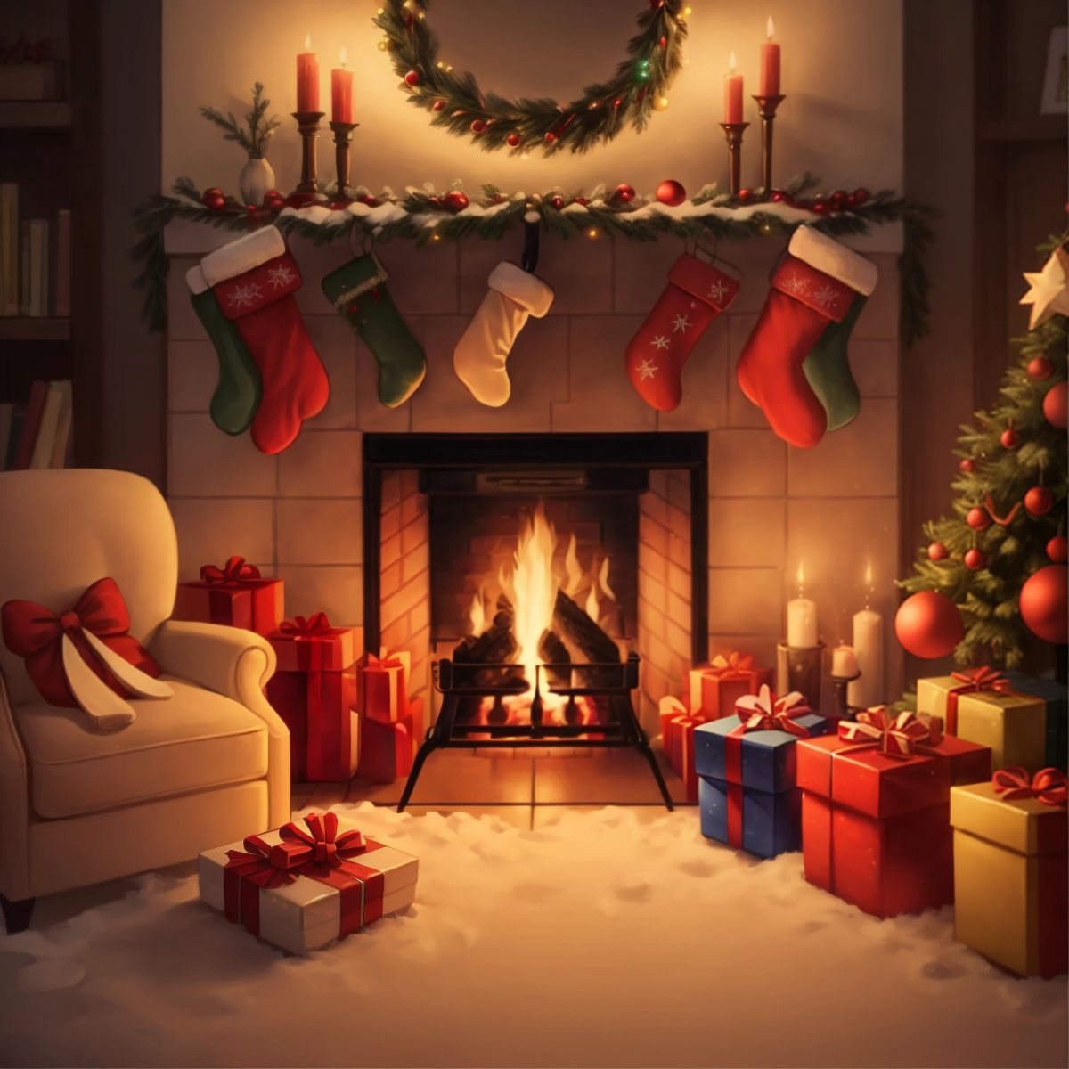A cozy Christmas Eve scene with a fireplace and stockings, but no characters present.