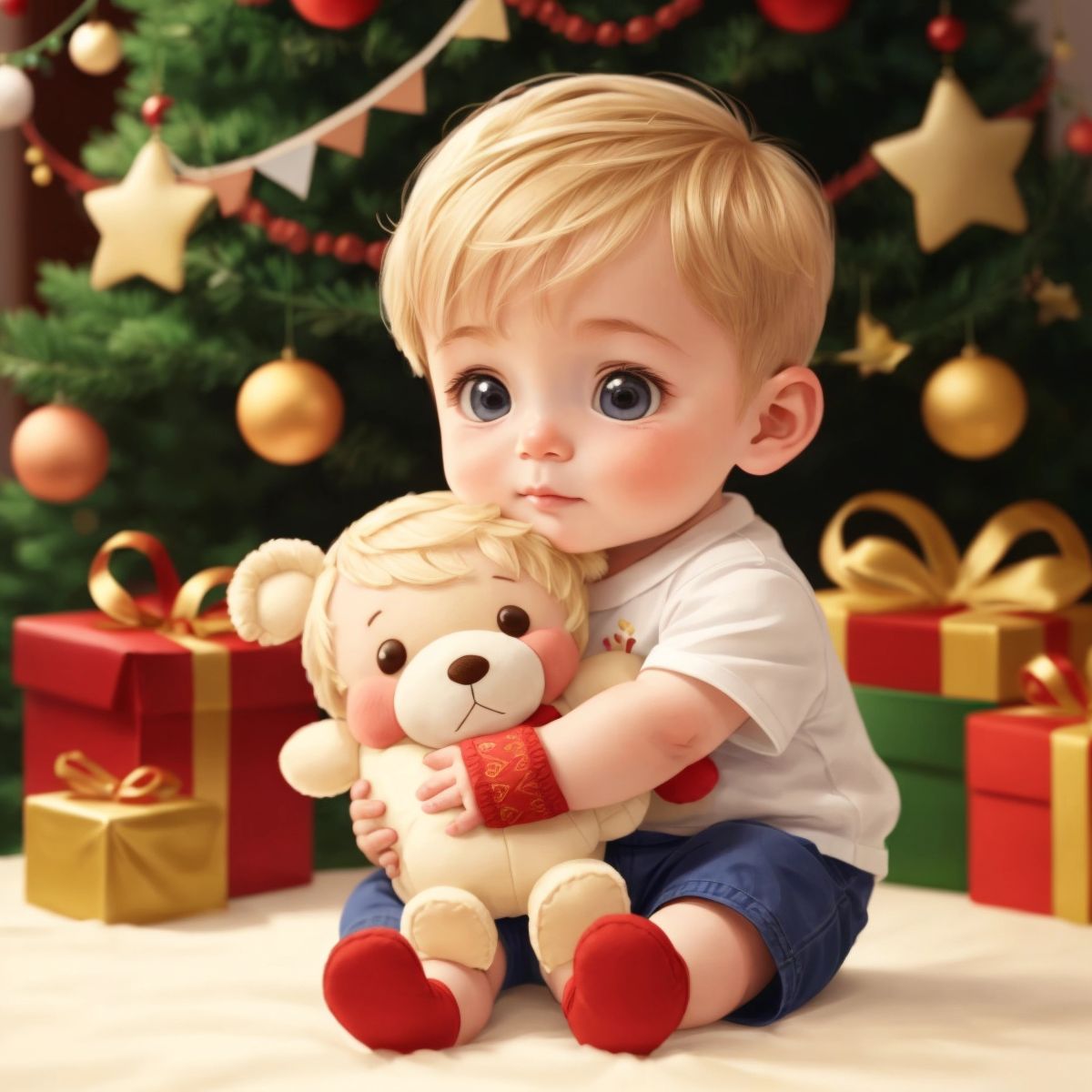 Emerson hugging a plush toy with affection, surrounded by festive decorations.