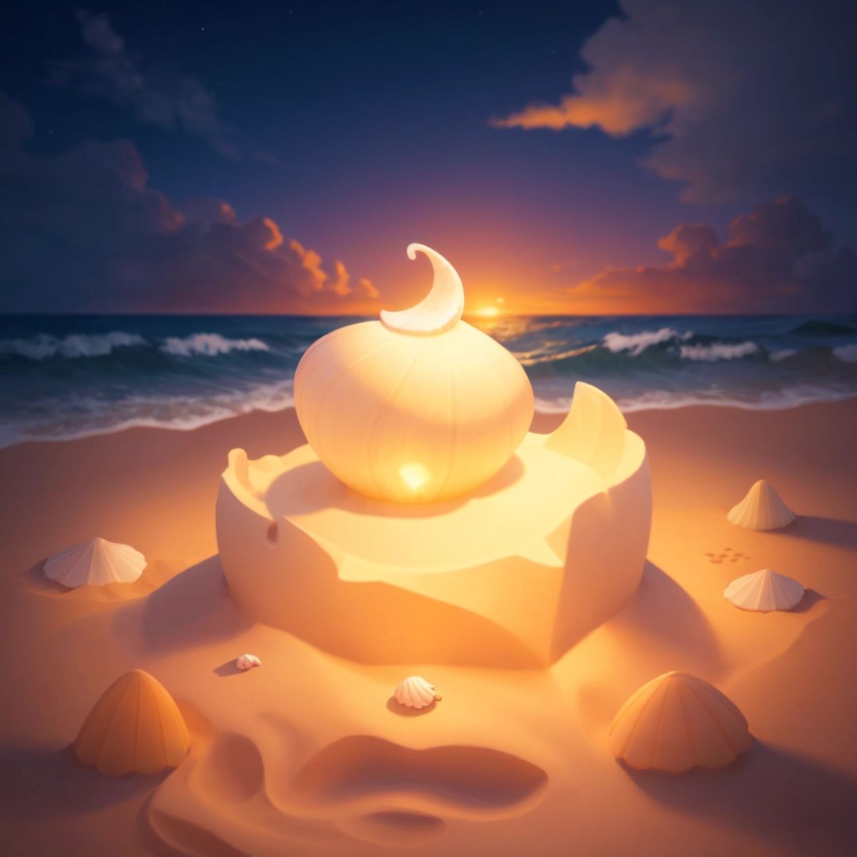 The plain seashell placed on a sandcastle, glowing and shimmering with radiant colors against a dusky sky.