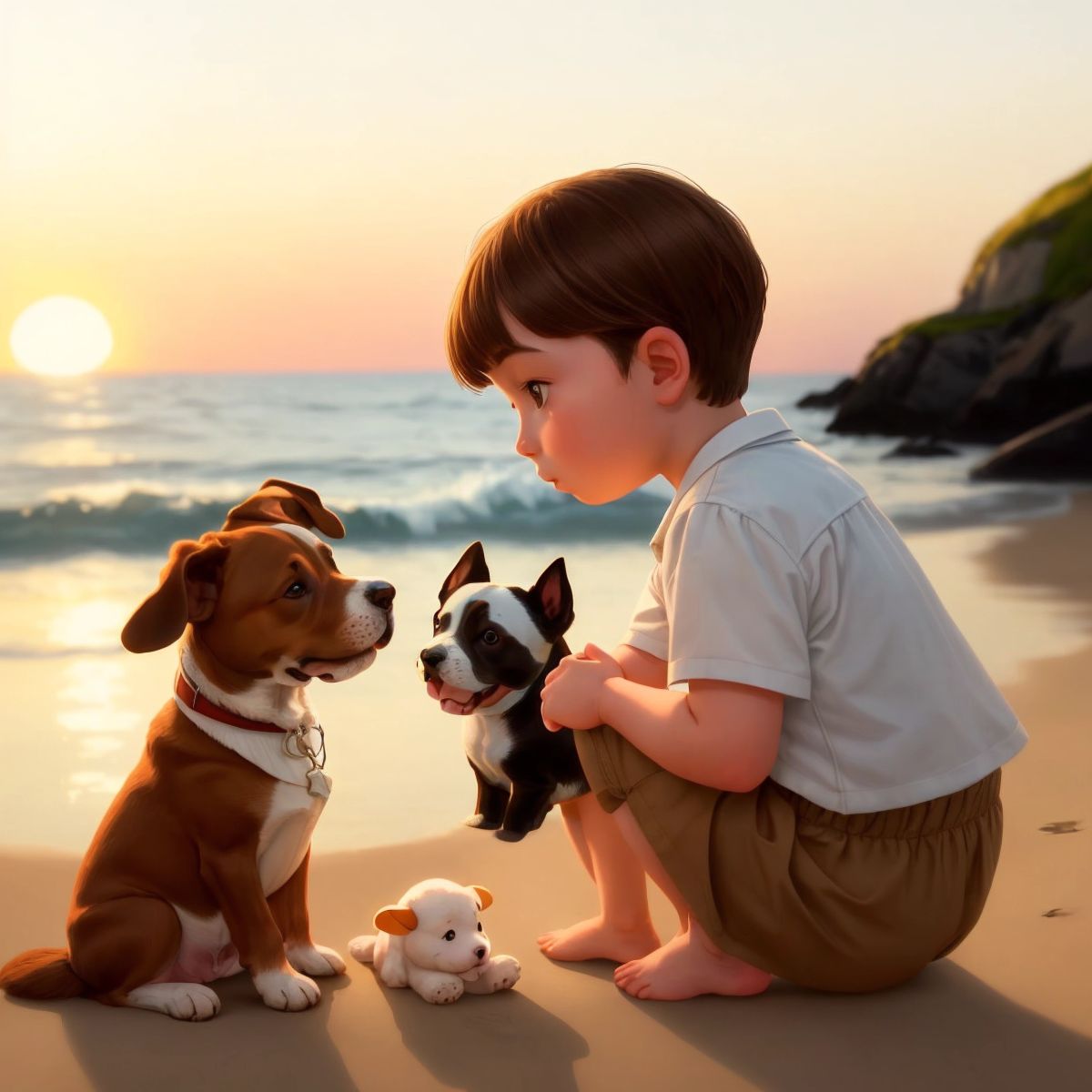 Sofia, Bonnie, and Bruce sitting together watching the sunset, with the glowing seashell in the foreground.