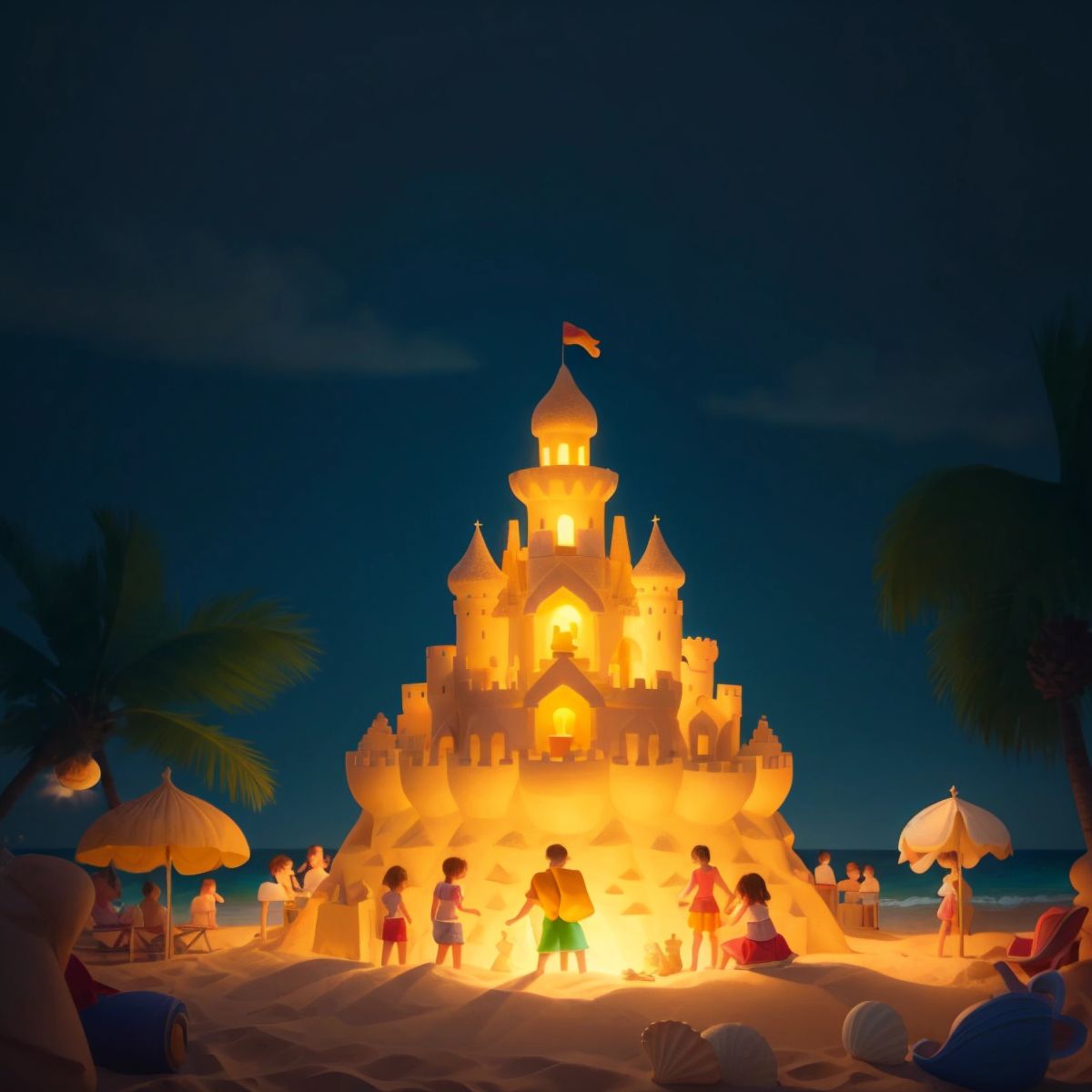 A sandcastle surrounded by a crowd of beachgoers, illuminated by the magical glow of the seashell.