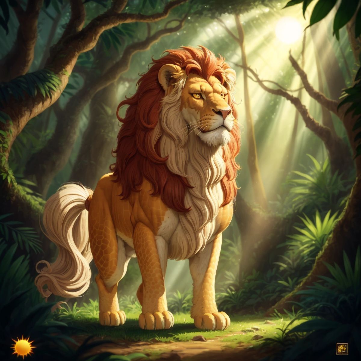 Leo with his majestic scaly mane standing regally in the jungle, sunlight filtering through the trees.