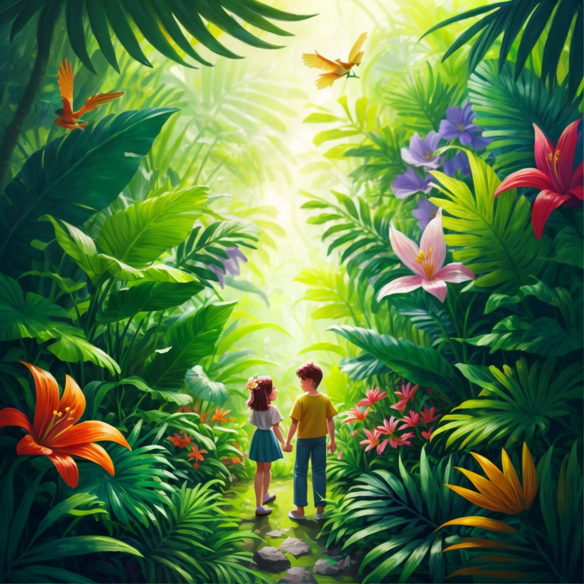 A lush jungle scene filled with flowers and laughter, but without any specific characters in view.