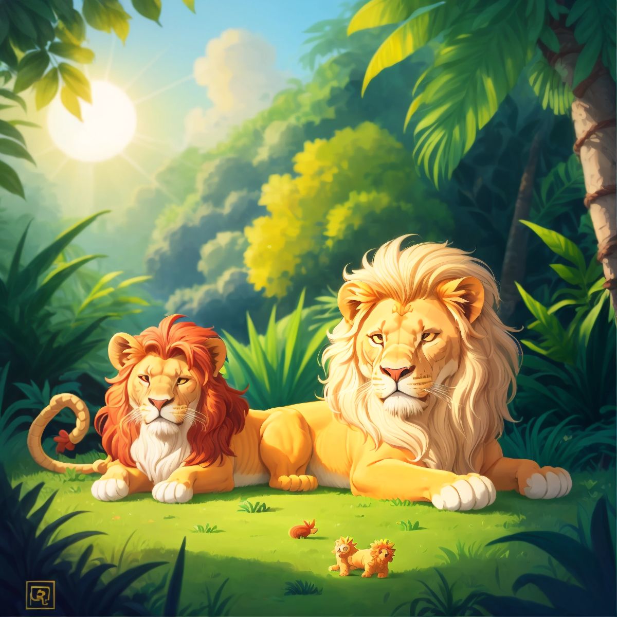 Leo lying down with Pip happily nestled in his mane, the jungle lush and vibrant in the background.