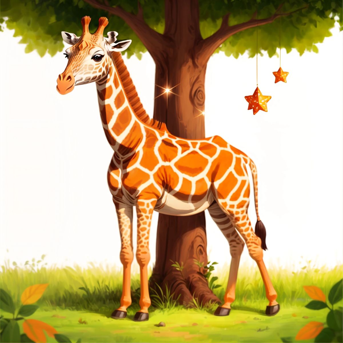 Melman the giraffe with distinctive stripes, standing next to a tree, looking at the viewer with a sparkle of curiosity in his eyes.